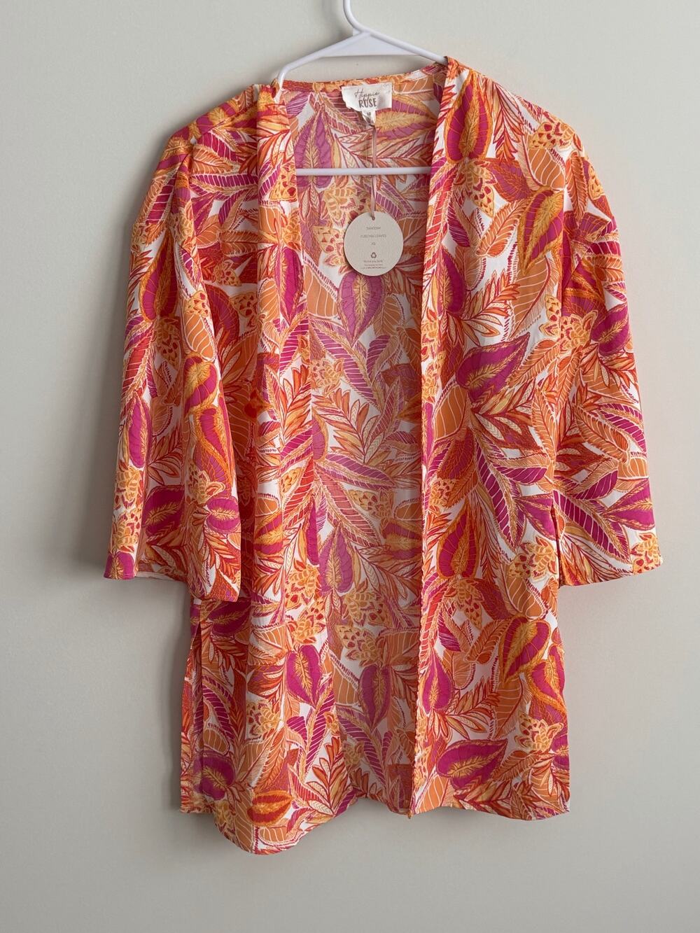 Hippie Rose Leaf Print Duster Cardigan XS Open Front Boho NWT